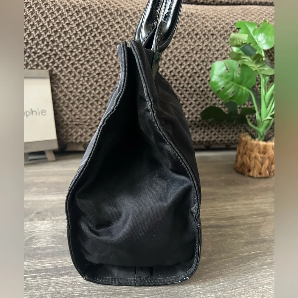 Tory Burch Mini Ella Tote Bag in Black Nylon and Black Patent Leather Trim